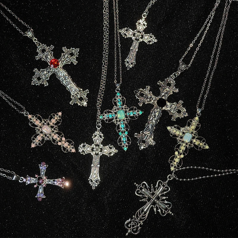 Gothic Big Zircon Cross Necklace Unisex Y2K Irregular Goth Large Cross Pendant Necklaces  for Men Women Couple Necklace Jewelry Pi-Mart