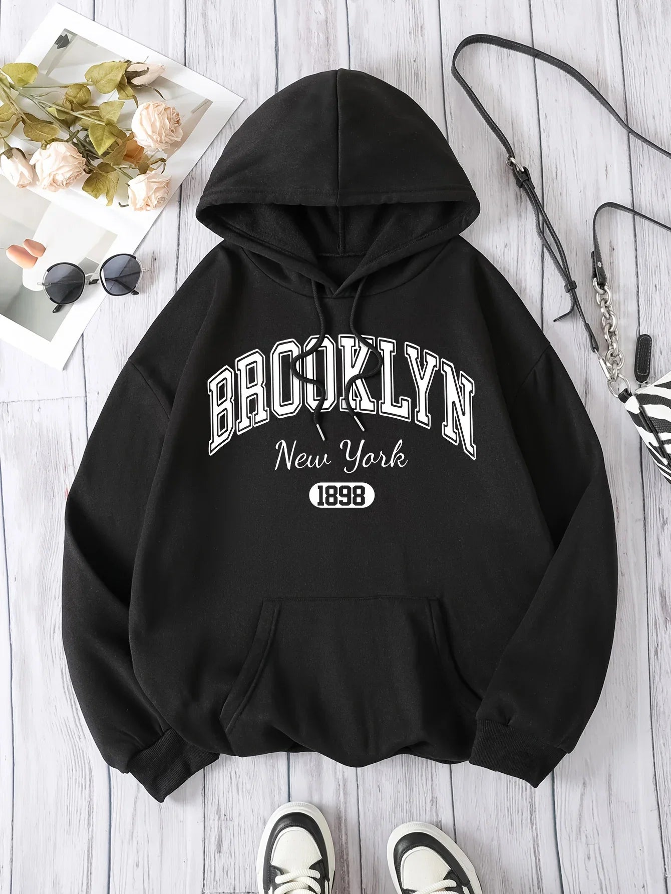 Brooklyn New York 1898 Hoodie Sweatshirt - Casual Polyester Hooded Pullover with Drawstring Alphabet Pattern LadyShow.Store