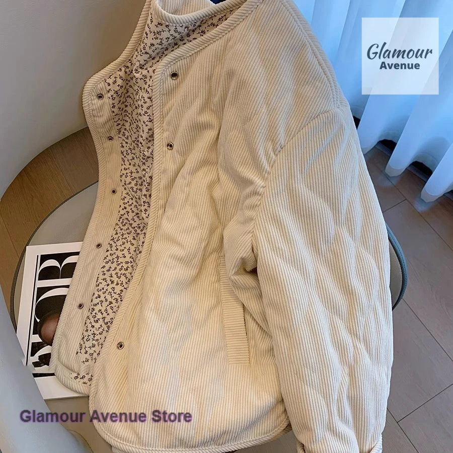 Korean style design corduroy mosaic floral diamond cotton-padded jacket coat women's winter new loose wild cotton-padded clothes Pi-Mart