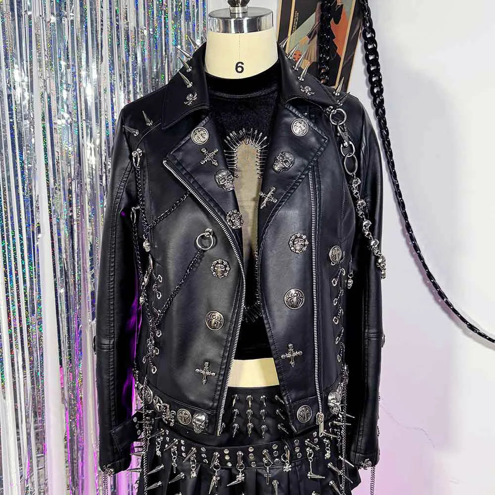 Women's Y2K Goth Black PU Leather Jacket Gothic Boho Emo Clothing with Skull Chain Punk Rock Grunge Rave Festival Coat for Teens Pi-Mart