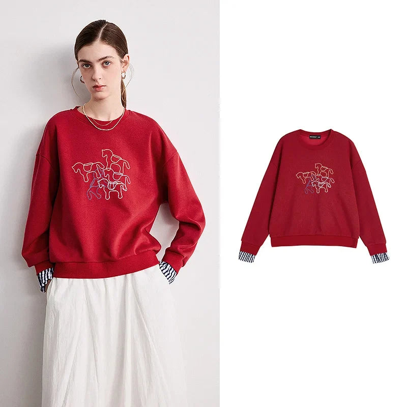 TOYOUTH Women Crewneck Patchwork Plaid Fake Two-Piece Pony Embroidery Loose Sweatshirt 2026 Spring New Tops LadyShow.Store