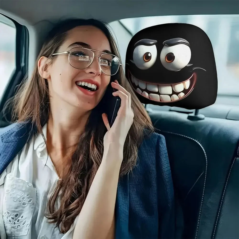 2pcs Smiley Face Printed Car Pillowcase Soft Comfortable Decorative Cushion Cover Auto Seat Headrest Washable Polyester Fabric Pi-Mart