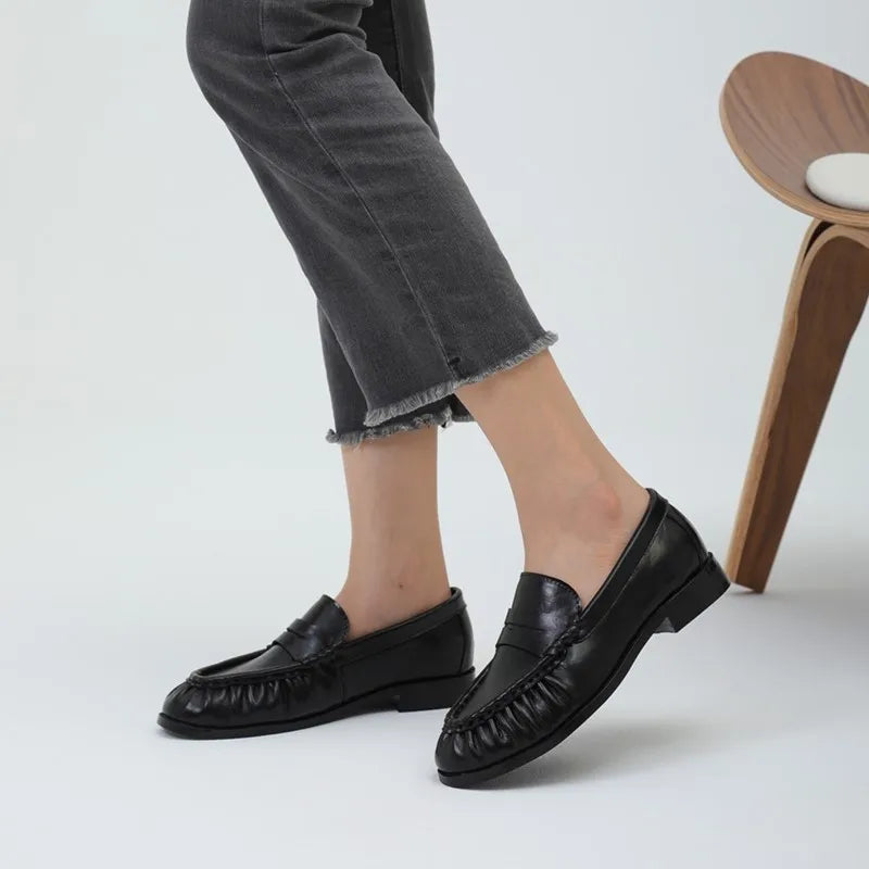 Lady Loafers 2026 Model Handcrafted Retro Pleated Single Shoes for Women, Women's Low-Heeled Leather Suede Shoes Pi-Mart