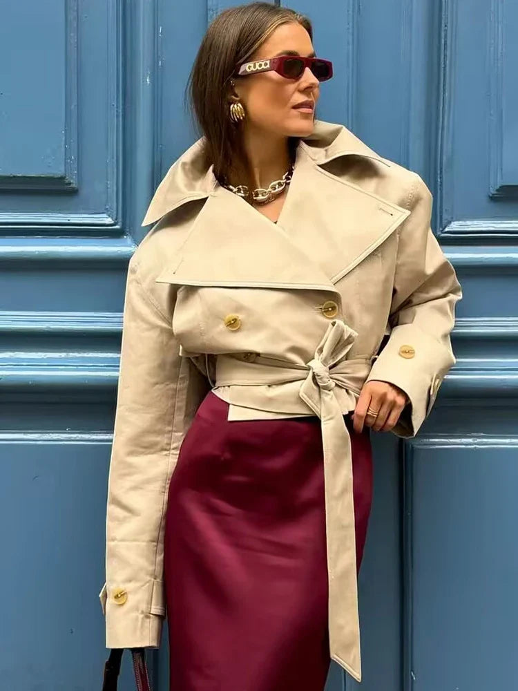 SLTNX 2026 New Women's British Wind Trench Coat Style Double-breasted Long Sleeve Belt Lapel Jacket Short Coat LadyShow.Store