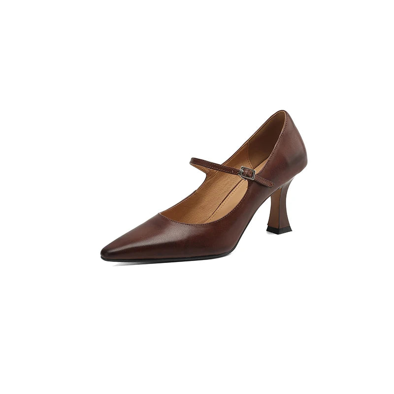 NEW Spring/Autumn Women Pumps Genuine Leather Shoes for Women Pointed Toe Thin Heel Shoes Shallow Buckle Strap Mary Janes Shoes Pi-Mart