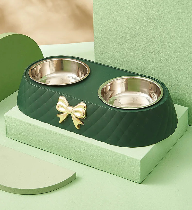 Pet Supplies Bow-tie Bowknot Cats Food Bowl PP Base Dog Bowl Stainless Steel Double Pet Accessories Feeding Drinking Double Bowl Pi-Mart