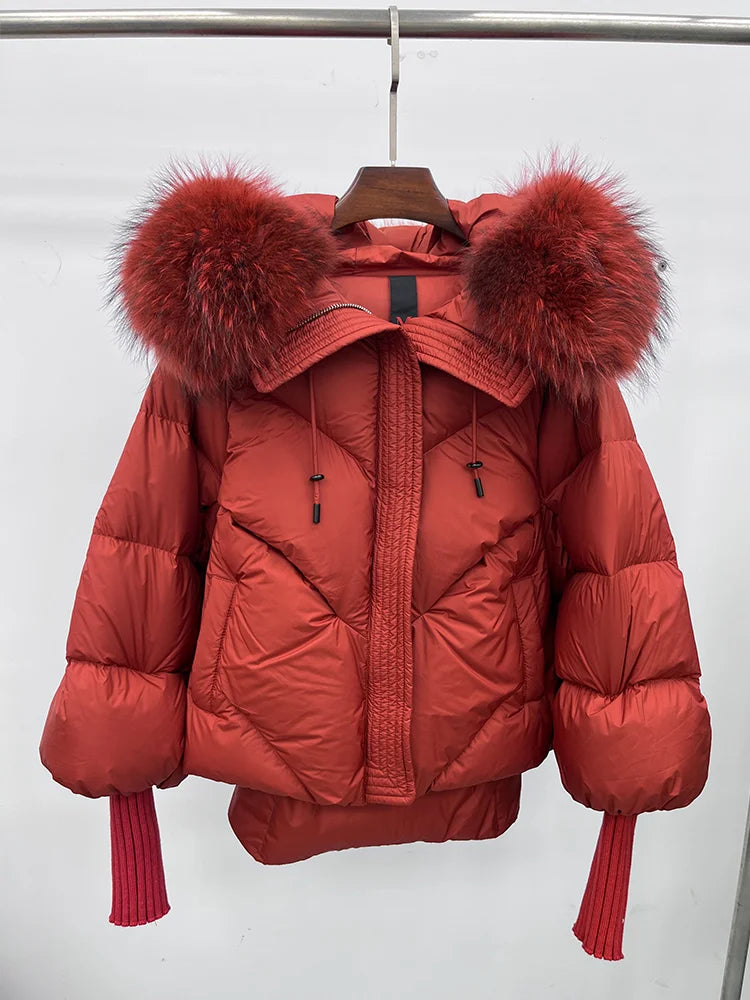 Women Winter Goose Down Jackets Real Fox Fur Collar Hooded Thick Natural Raccoon Fur Female Outwear Warm Loose Puffer Coats LadyShow.Store