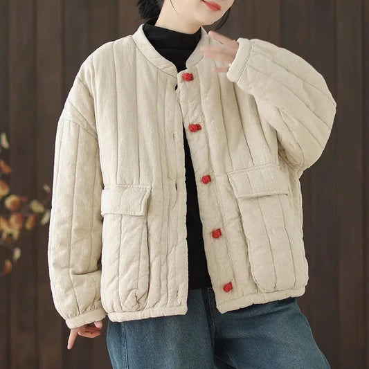 Cotton And Linen Women's Quilted Jacket 2026 New Spring Autumn Retro Chinese Style Short Thick Casual Padded Coat Top K2675 LadyShow.Store