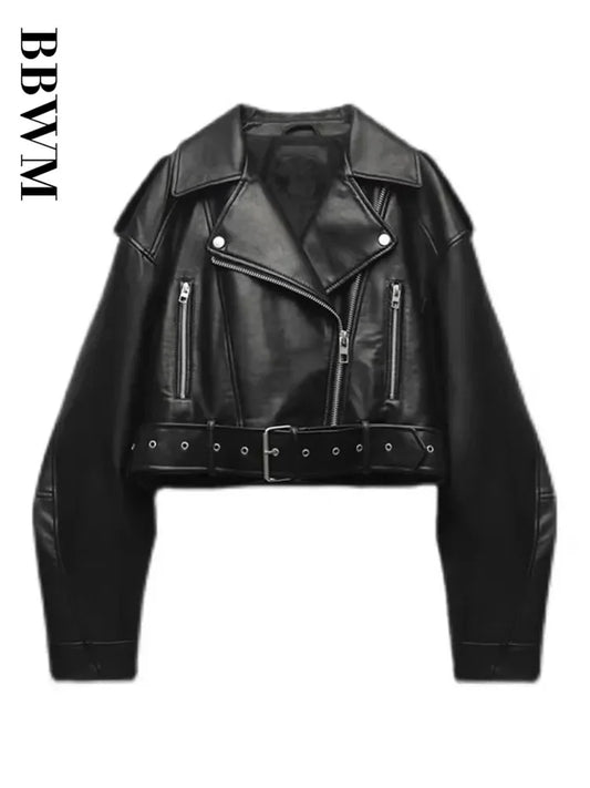 BBWM Women Oversized Vintage Loose Pu Faux Leather Short Jacket with Belt Streetwear Female Zipper Retro Moto Biker Coat Outwear LadyShow.Store
