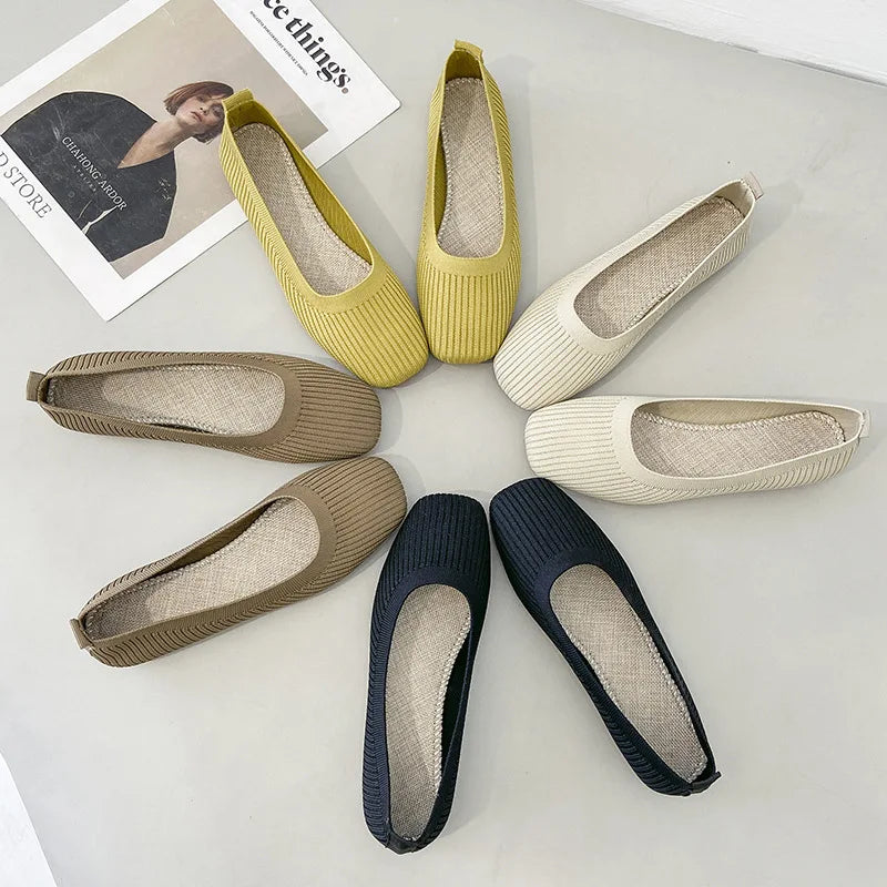 Women Leisure Flats Summer Autumn Flat Shoes Breathable Knitted Square Toe Slip-on Female Daily Walking Driving Loafers Pi-Mart