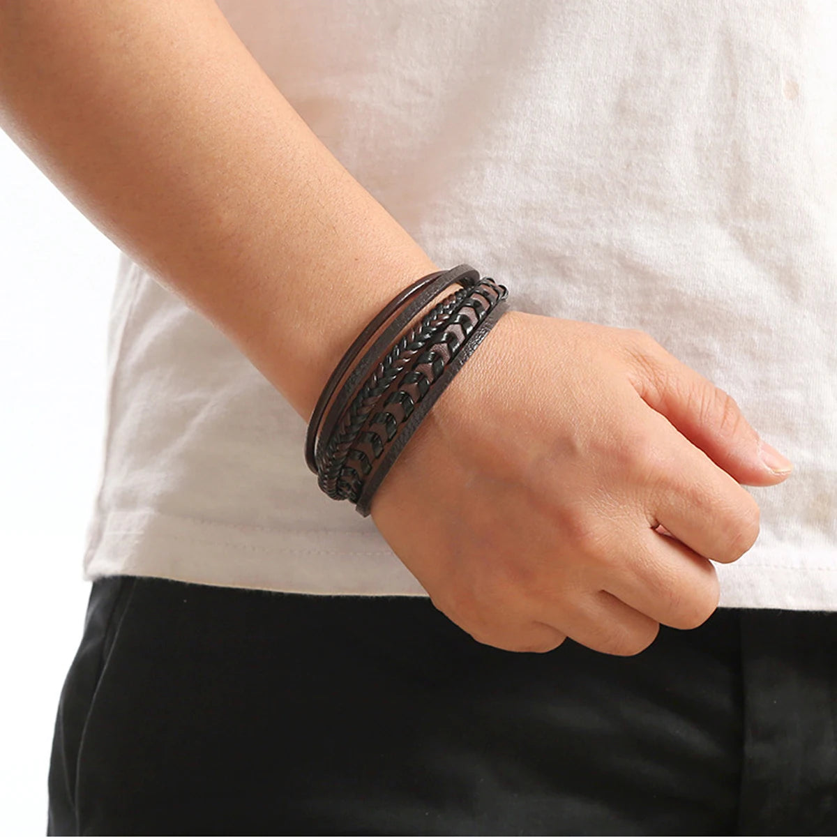 1pc Fashion Accessories MEN'S Multi-layered Vintage Leather Rope Braided Bracelet Alloy Magnetic Buckle Bracelet Pi-Mart