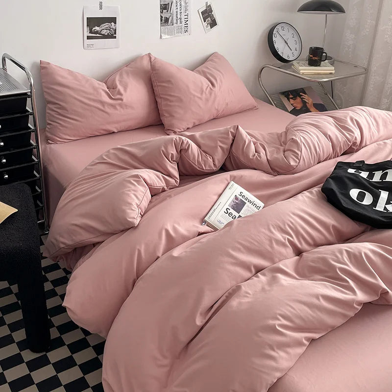 Washed Cotton Bed Linen Bedding Set 4 Pieces Bed Sheets Set Solid Color Comforter Cover Couple Queen King Size Bed Quilt Cover LadyShow.Store