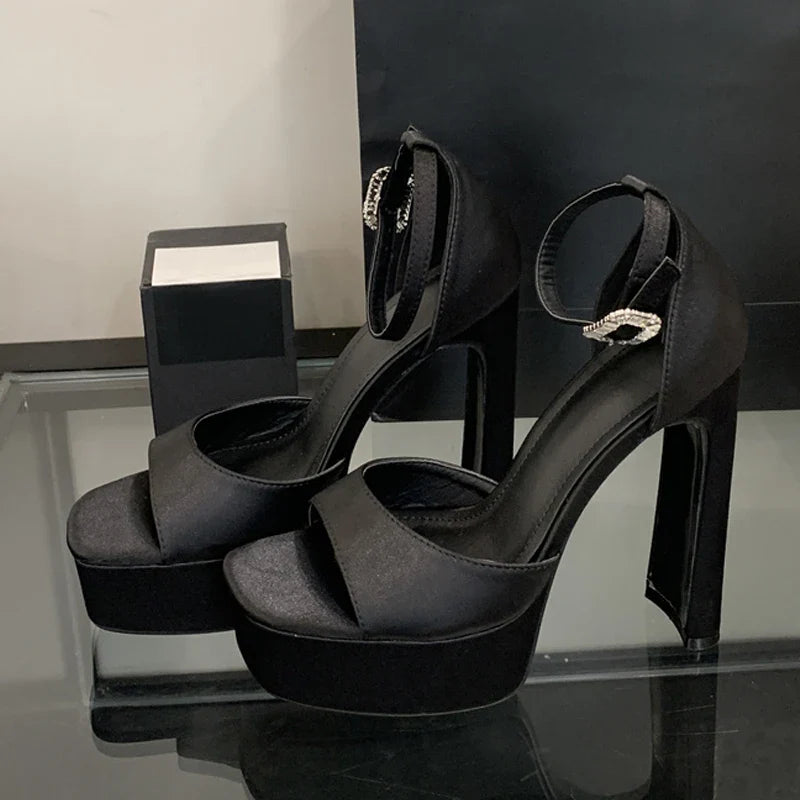 Liyke Runway Style Black High Heels Platform Sandals For Women Cozy Silk Square Toe Buckle Strap Lady Party Dress Shoes Size 40 LadyShow.Store