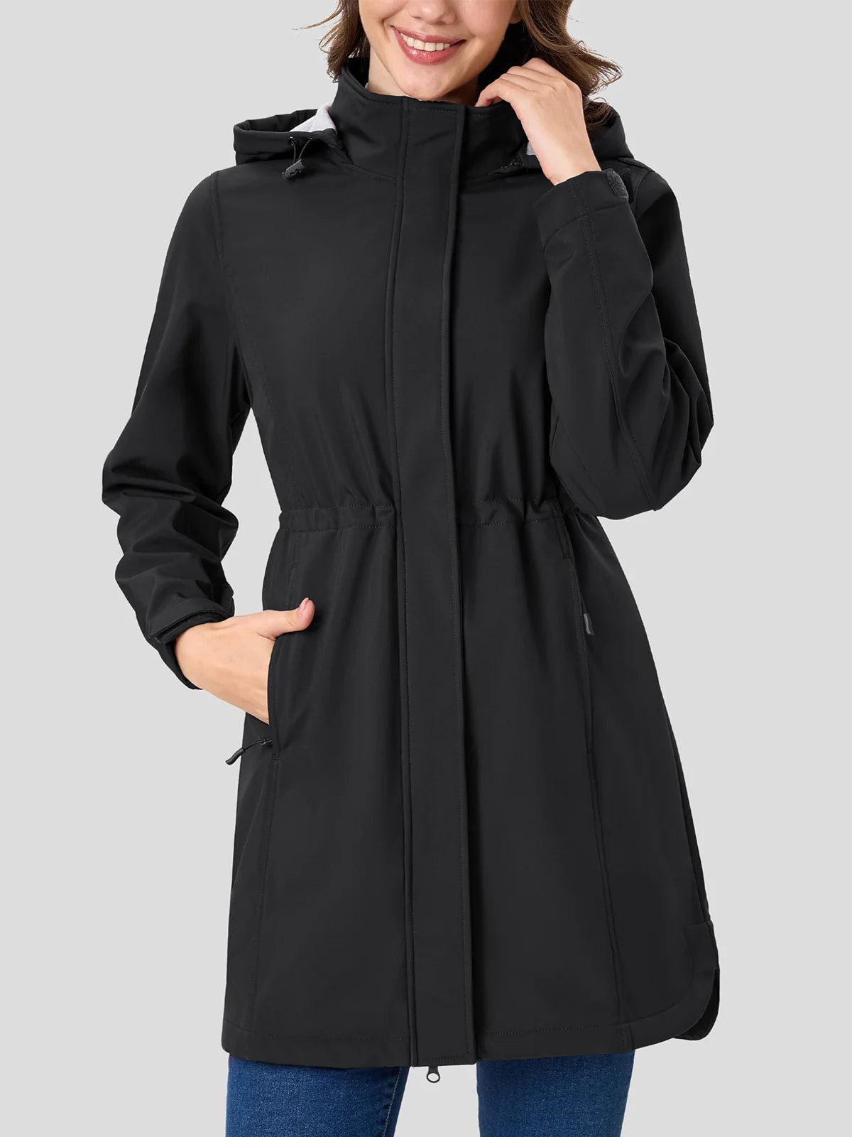 TACVASEN Women's Long Hooded Jacket Fleece Lined Softshell Jacket Waterproof Windproof Hiking Jacket Rain Coat Windbreaker Parka Pi-Mart
