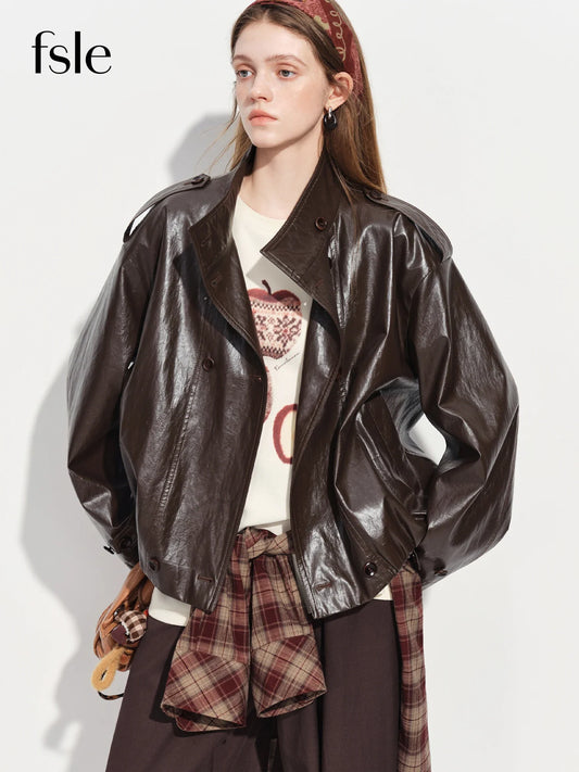 FSLE【Premium Series】Women's Oversize Short Trench Coat Brown Faux Leather Belted Jacket Grey Windbreaker Y2K Retro Outerwear LadyShow.Store