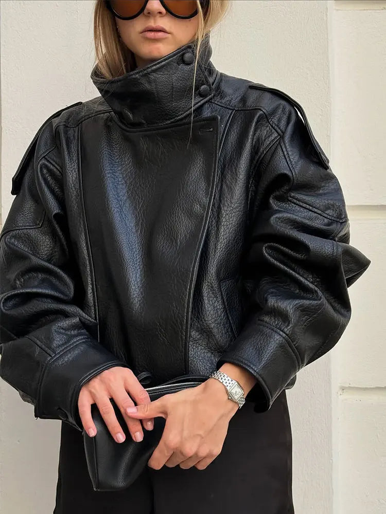 HH Autumn Faux Leather Jacket For Women Casual Solid Long Sleeve Zipper Pu Leather Coats New Fashion Female Streetwear Pi-Mart