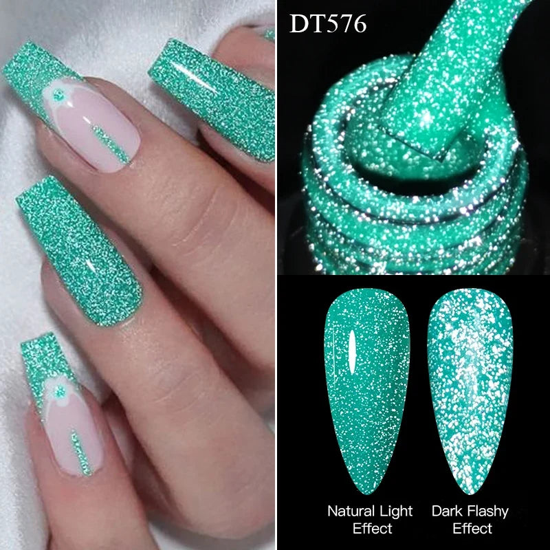 MEET ACROSS 7ml Pink Fluorescent Reflective Gel Nail Polish Glitter Neon Semi Permanent UV LED Gel Nail Art Varnish Manicure Tri Light Beauty