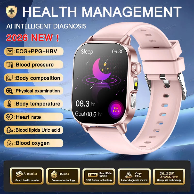 New Men Accurate Health Diagnosis ECG Smart Watch Blood Pressure Blood Oxygen Blood Fat Uric Acid Temp Bluetooth call Smartwatch Pi-Mart