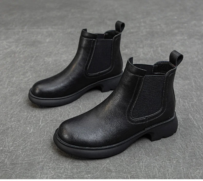 DRKANOL Fashion Women Thick Heel Ankle Boots Autumn Winter Warm Shoes Round Toe Real Cowhide British Style Slip On Chimney Boots Pi-Mart