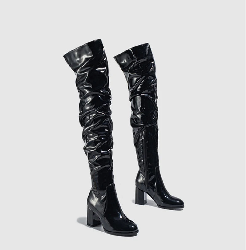 Hlieny 2026 Winter New Thigh High Boots Fashion Patent Leather Round Toe Zip Female Square Heels Pleated Design Women's Shoes Pi-Mart