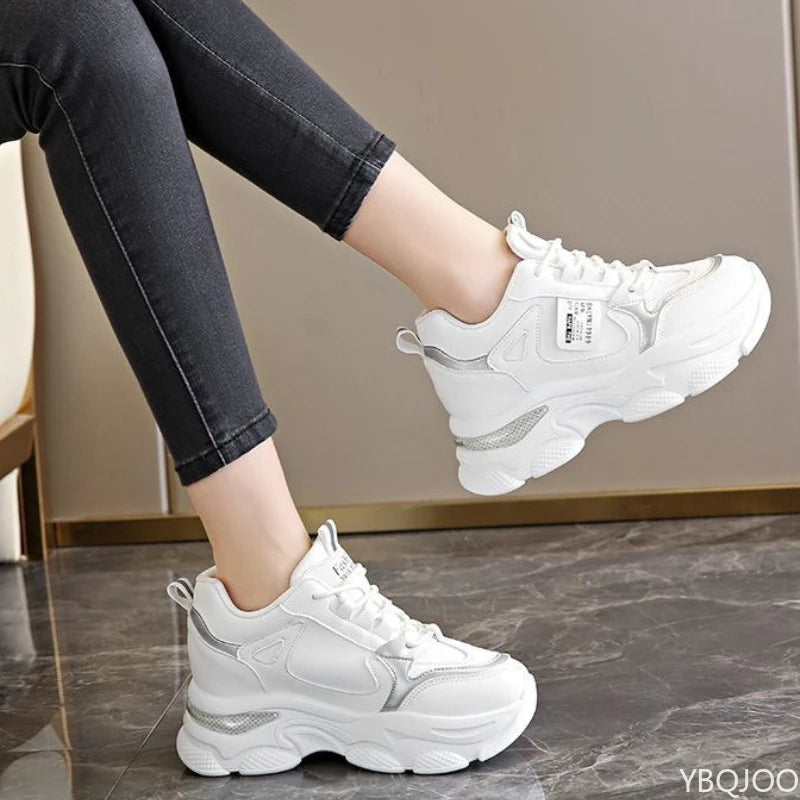Women's Thick Soled Lightweight Sports Shoes Spring and Autumn New White Casual Women's Thick Soled Height Increasing Shoes Pi-Mart