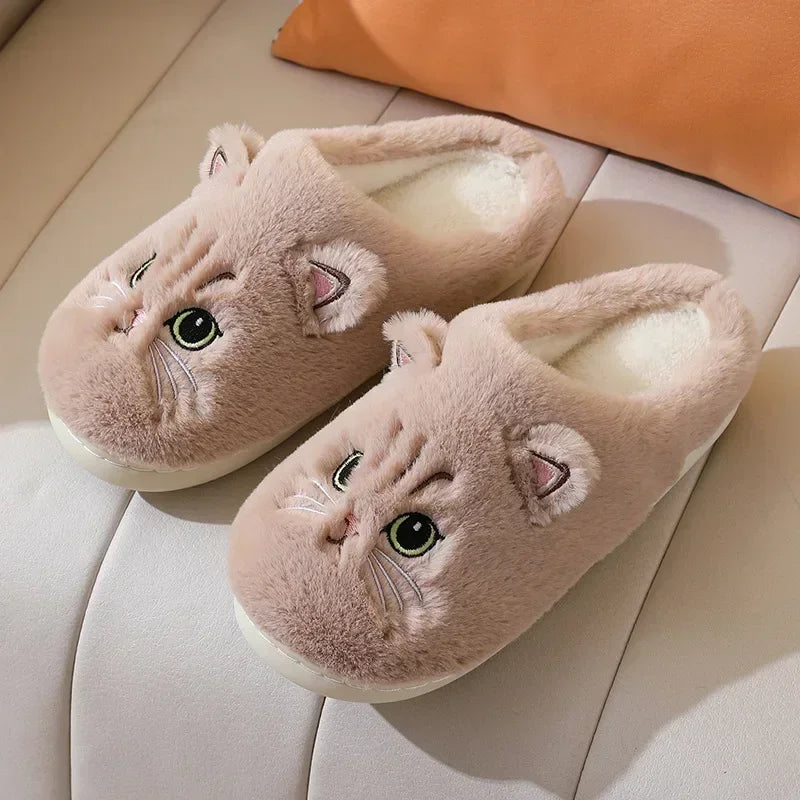 Cute Cat Slippers Fluffy Furry Women Home Platform Slippers Men Winter Plush Slides Indoor Fuzzy Slippers Lovely Cotton Shoes LadyShow.Store