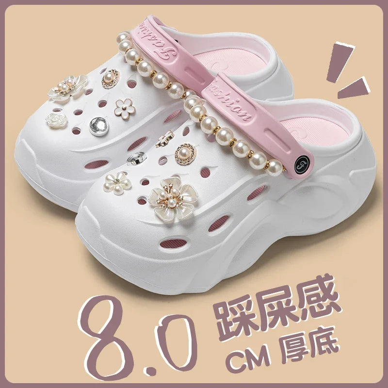 Summer Fashion Pearl Chain DIY Clogs Women 2025 Chunky Platform Slip On Sandals Women Thick Bottom EVA Slippers Shoes Woman Heel LadyShow.Store