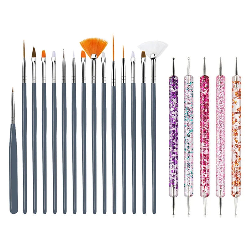 5/20Pcs Nail Art Brush Design Tip Painting Drawing Carving Dotting Pen FlatFan Liner Acrylic Gel UV Polish Manicure Tools Tri Light Beauty
