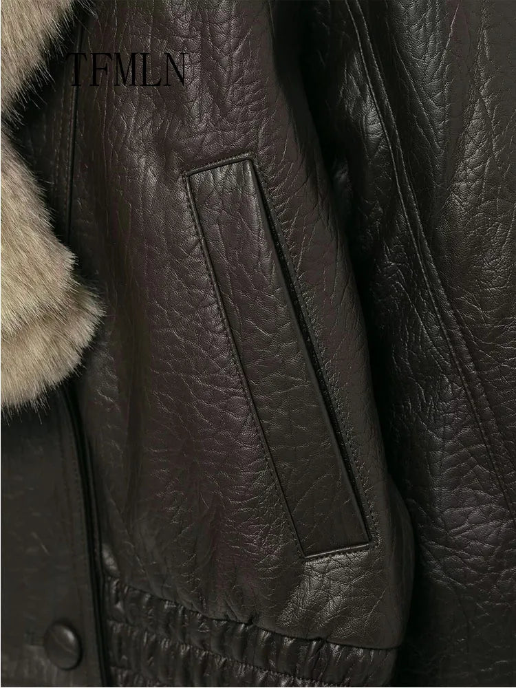 TFMLN 2025 Winter Women Loose Faux Leather Jacket Fashion Removed Big Fur Collar Causal Coat High Street Double Breasted Outwear LadyShow.Store