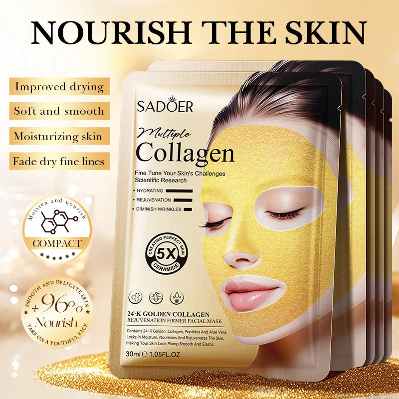 SADOER 24k Golden Collagen Facial Masks Anti Wrinkle Firming Moisturizing Anti-Aging Face Mask Beauty Facial Skin Care Products Tri Light Beauty