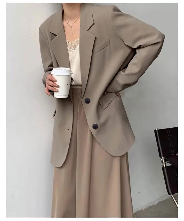 Mid Length Blazer Jacket Women Solid Long Sleeve Pocket Lapel Single Beasted Formal Coat Outerwear Loose Work Casual Blazers Pi-Mart