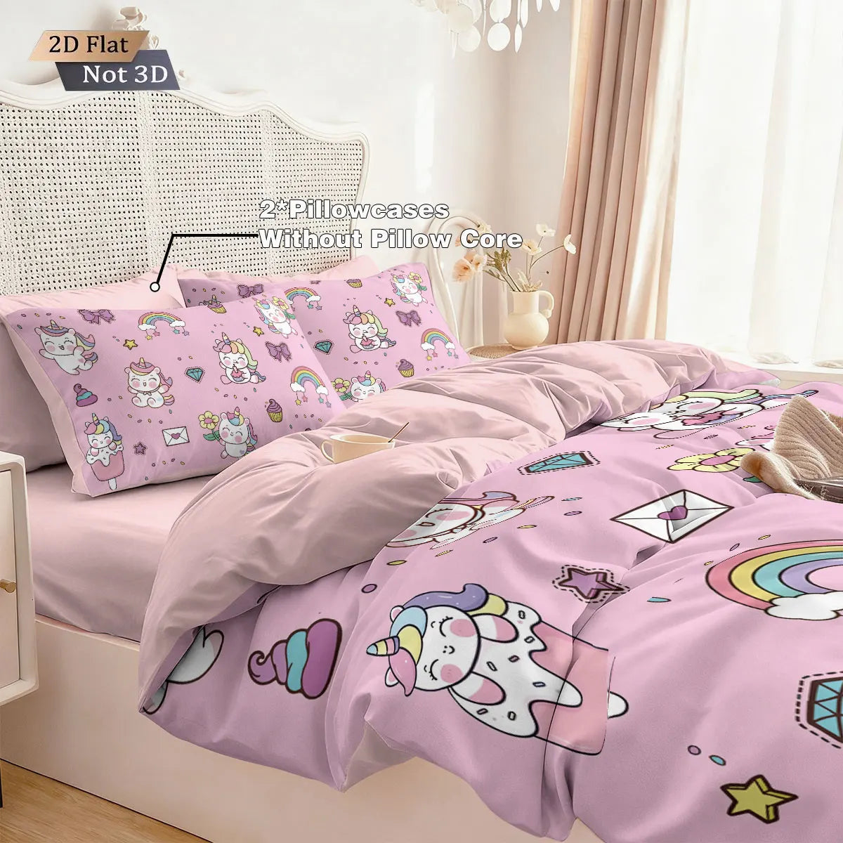 3pcs Cartoon Cute Unicorn Printed Coreless Down Duvet Cover Set, Multi Size Bedroom Bedding Decoration, Machine Washable Pi-Mart