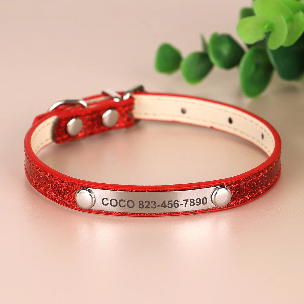 Personalized Cat Collar Custom Leather Cat Collars Free Engraved Puppy Kitten ID Necklace Bling Pet Collars for Small Dogs Cats Pi-Mart