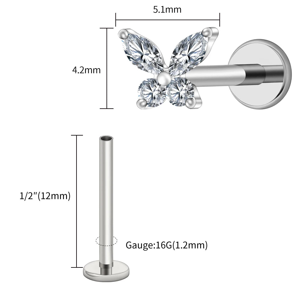 Right Grand ASTM F136 Titanium 16G Mini Butterfly CZ Labret Tragus Cartilage Conch Forward Helix Stud Nose Piercing Body Jewelry Pi-Mart