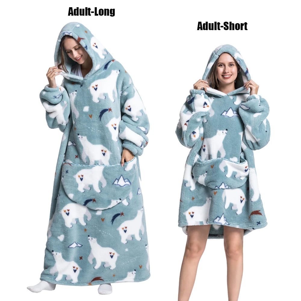 Women Plush Fleece Blanket Men Warm Thick Hoodies Adult Giant TV Blanlets with Sleeves Super Long Cold-proof Homewear Pajamas Pi-Mart
