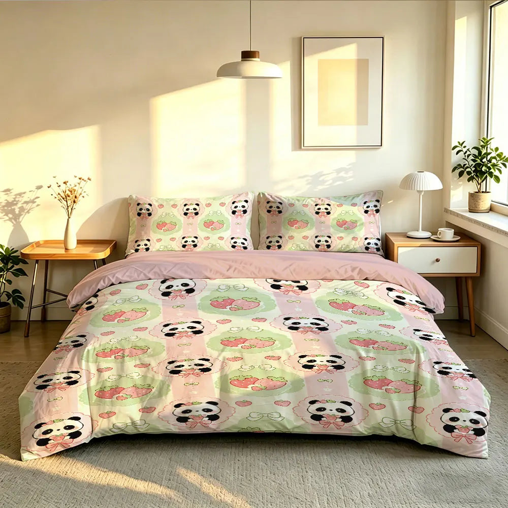 3pcs Cartoon Panda Print Coreless Duvet Cover Cool Summer Lightweight Bedding Set Multi Size Bedroom Bedding Decoration Pi-Mart