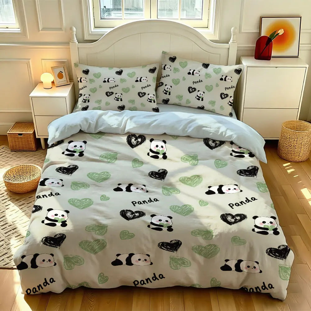 3pcs Cartoon Panda Print Coreless Duvet Cover Cool Summer Lightweight Bedding Set Multi Size Bedroom Bedding Decoration Pi-Mart