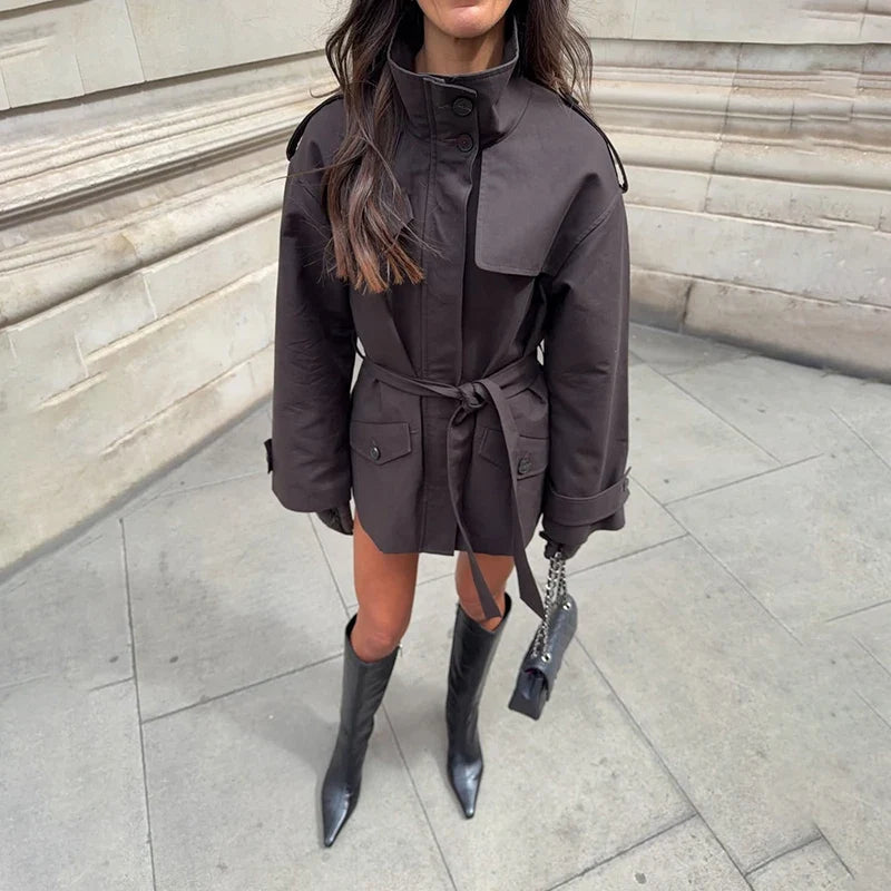 Solid Women's Trench Jacket Commute Stand Collar Long Sleeve Windbreaker With Lace Up Pocket 2026 New Autumn Street Lady Jackets LadyShow.Store
