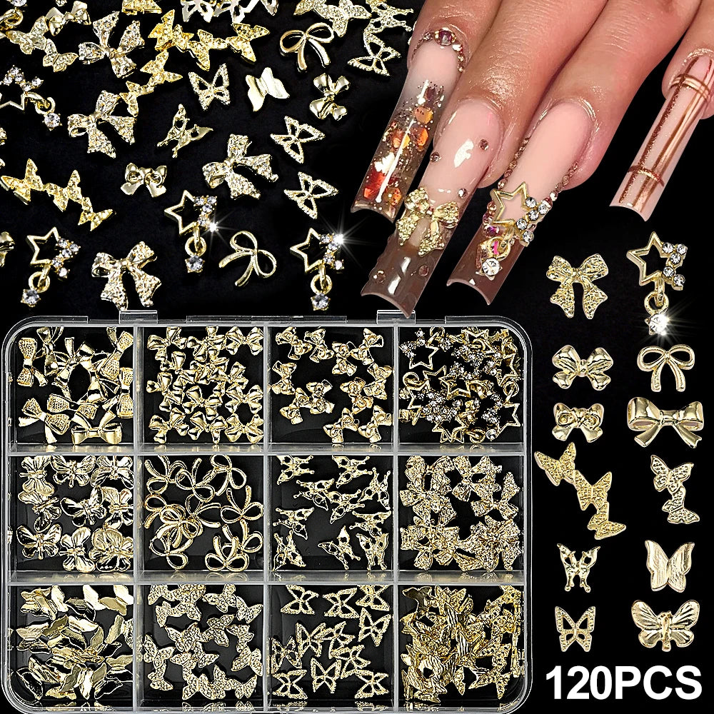 120Pcs/Box 3D Silver Exquisite Bowknot Nail Charms Simple Alloy Ribbon Bowtie Nail Art Decorations DIY Luxury Manicure Accessory Pi-Mart