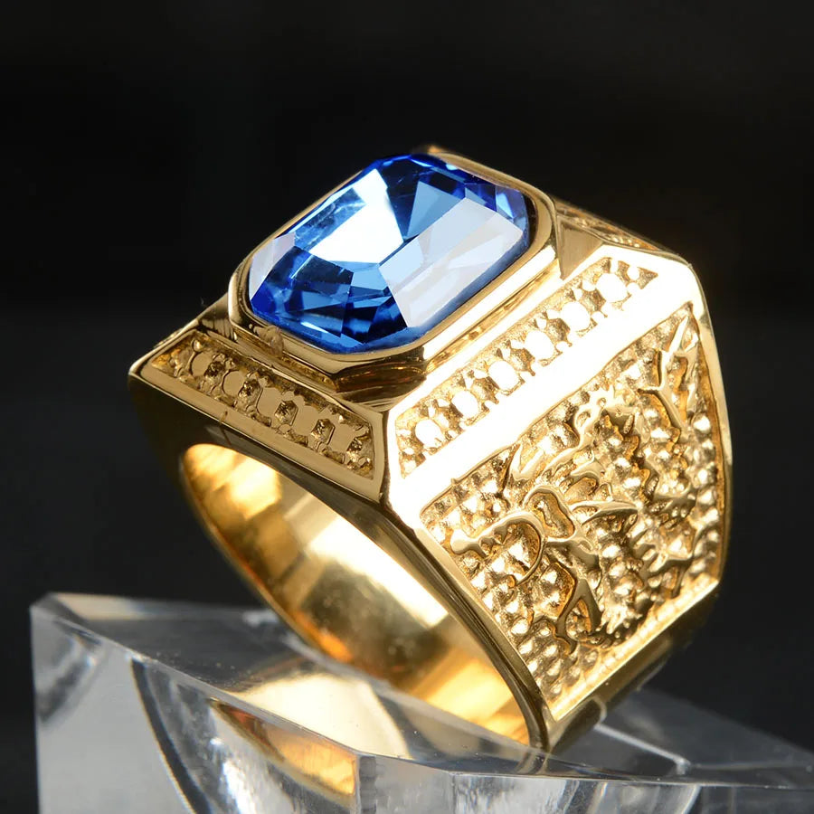 Keisha Lena Gold Plated Titanium Steel Inlay Red Blue Square Stone Men Ring Australian Gem Zirconia Wedding Ring Christmas Gift Pi-Mart