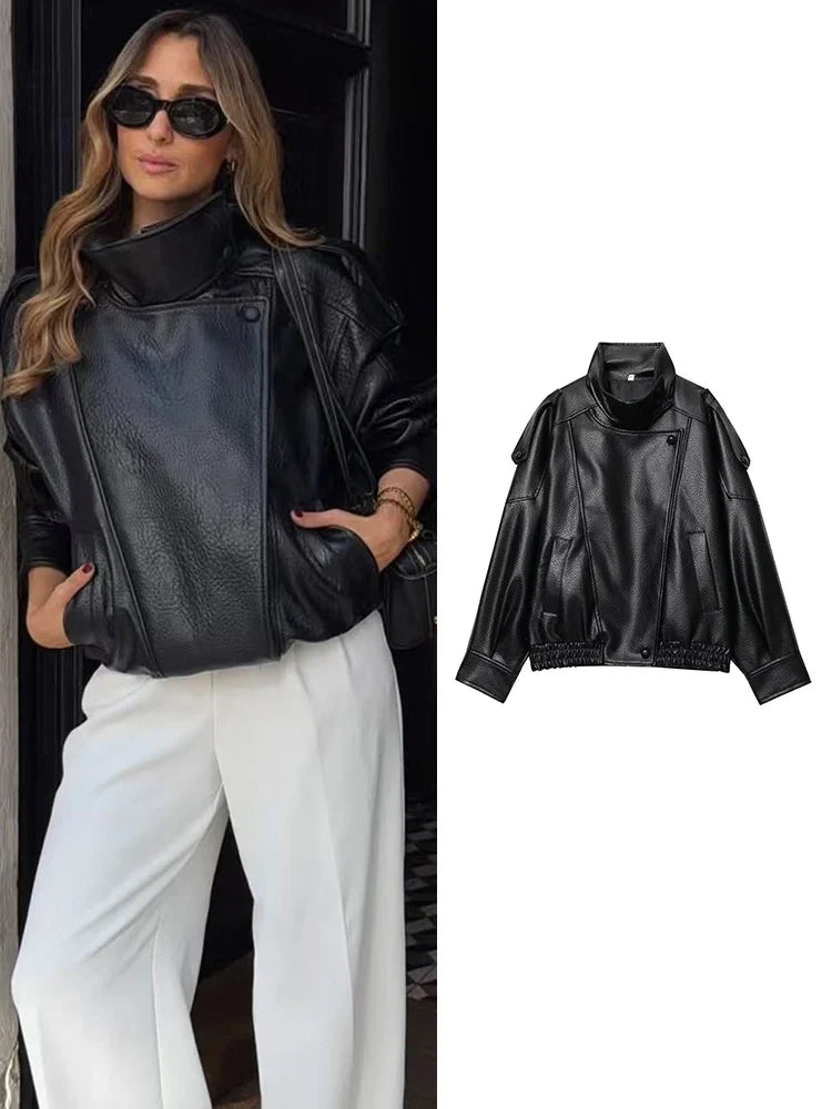Women Fashion Leather Jacket Autumn Winter Loose Causal PU Faux Leather Jackets Coat Fashion Street Motorcycle Jackets LadyShow.Store