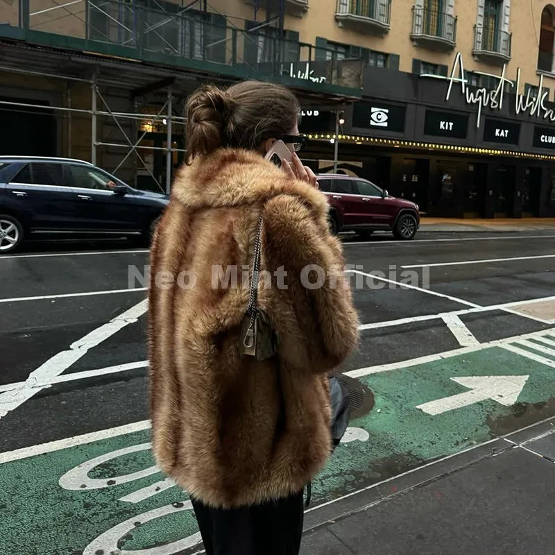 Neo Mint Luxury Brand Fashion Women Yellow Striped Faux Fur Jacket Coat Chic Girls 2025 Winter Oversized Warm Outerwear Overcoat LadyShow.Store