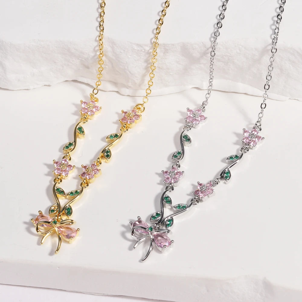 Summer New Fashion Exquisite Bow Leaf Flower Necklace For Women's Elegant Pink Zircon Chain Pendant Jewelry Gifts Pi-Mart