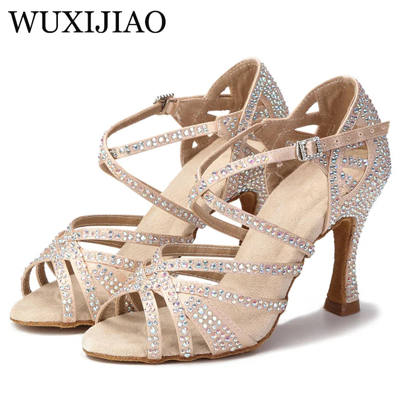 WUXIJIAO Women Party Dance Shoes Satin Shining rhinestones Soft Bottom Latin Dance Shoes Woman Salsa Dance Shoes heel LadyShow.Store