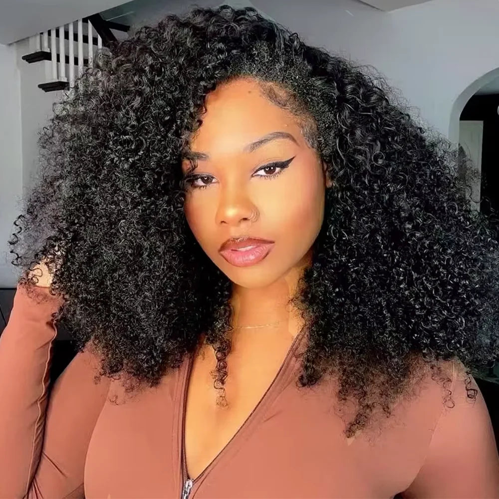 16 Inch 3 IN 1 Half Wig With Drawstring Seamless Human hair Wig Kinky Curly Headband Wig Upgrade for Women Summer Machine Wigs LadyShow.Store