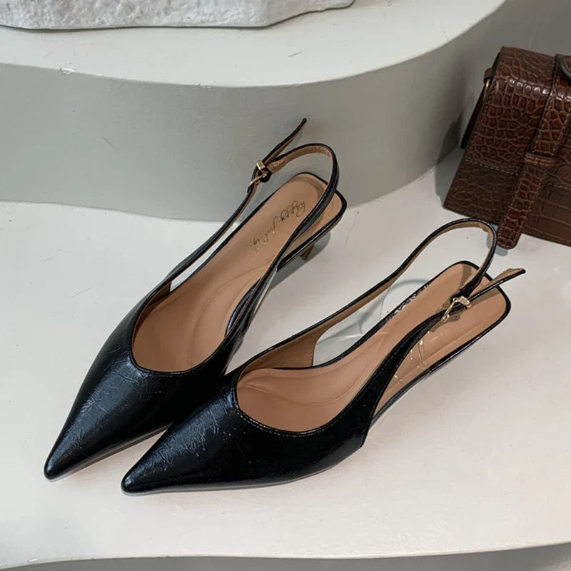 SUOJIALUN Summer New Women Sandal Fashion Pointed Toe Shallow Slip On Ladies Elegant Slingback Shoes Thin Med Heel Dress Mules LadyShow.Store