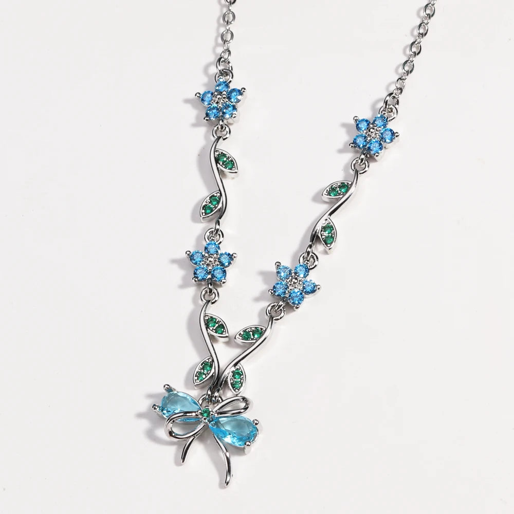 Summer New Fashion Exquisite Bow Leaf Flower Necklace For Women's Elegant Pink Zircon Chain Pendant Jewelry Gifts Pi-Mart