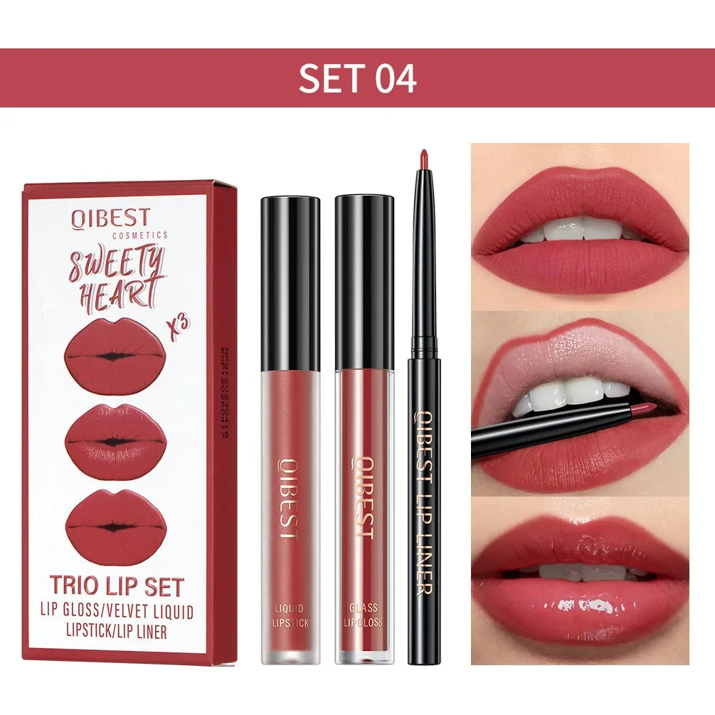 3pcs Matte Liquid Lipstick+Lip Liner Set Lip Glaze Makeup Nude Black Red Velvet Lip Gloss Long Lasting Lip Tint Cosmetics Kits Pi-Mart