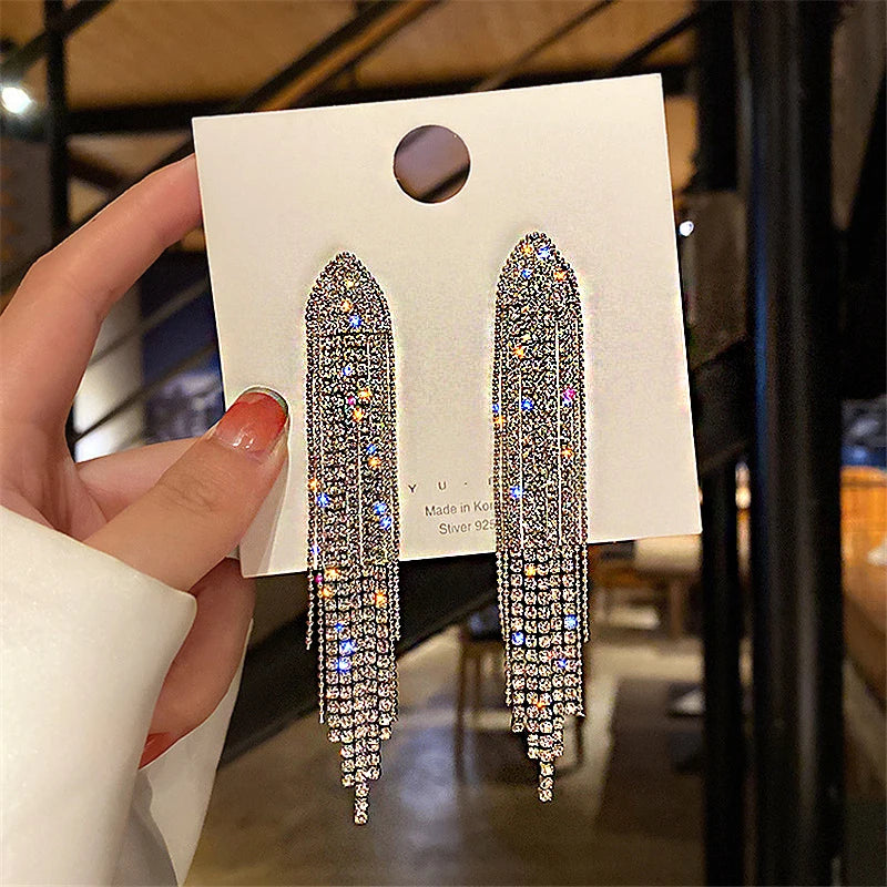 Shiny Crystal Zircon Long Stud Earrings for Women Geometric Hanging Drop Tassel Earring Fashion Party Vintage Pendant Jewelry Pi-Mart