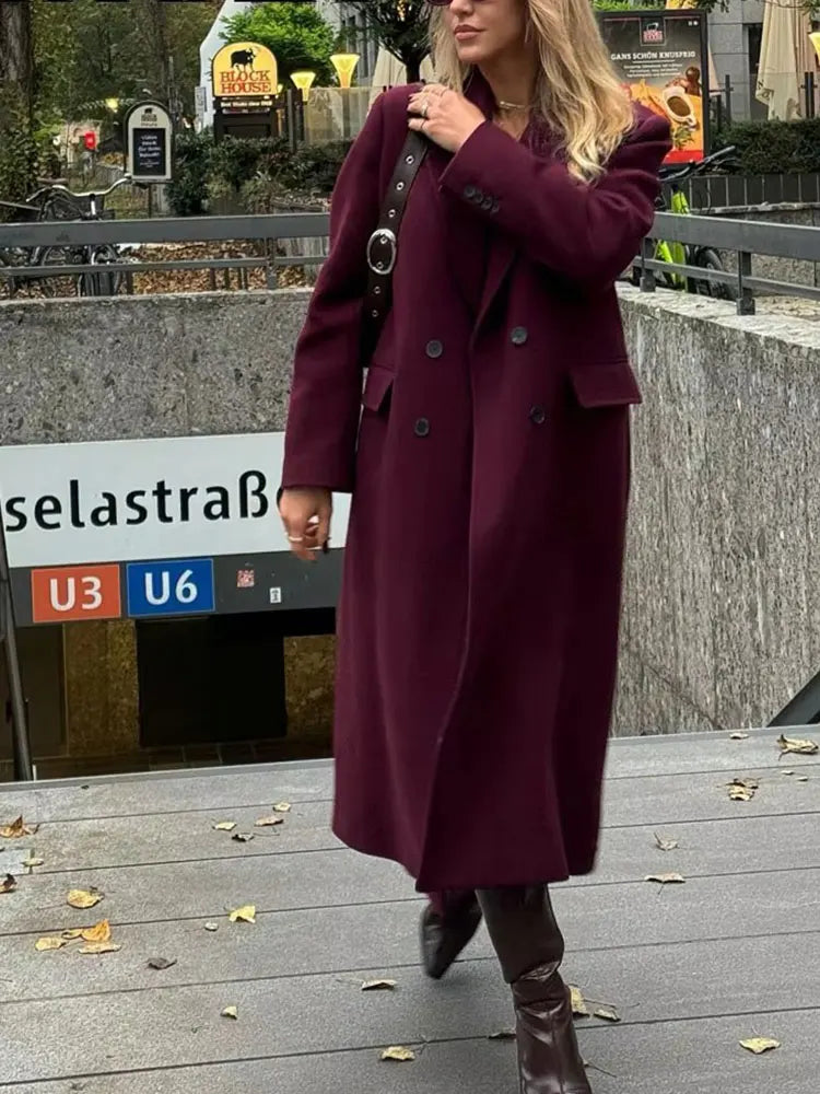 HH Women Fashion Burgundy Coat Double Breasted Long Sleeve Lapel Blends Jacket Autumn Winter High Street Outerwear LadyShow.Store